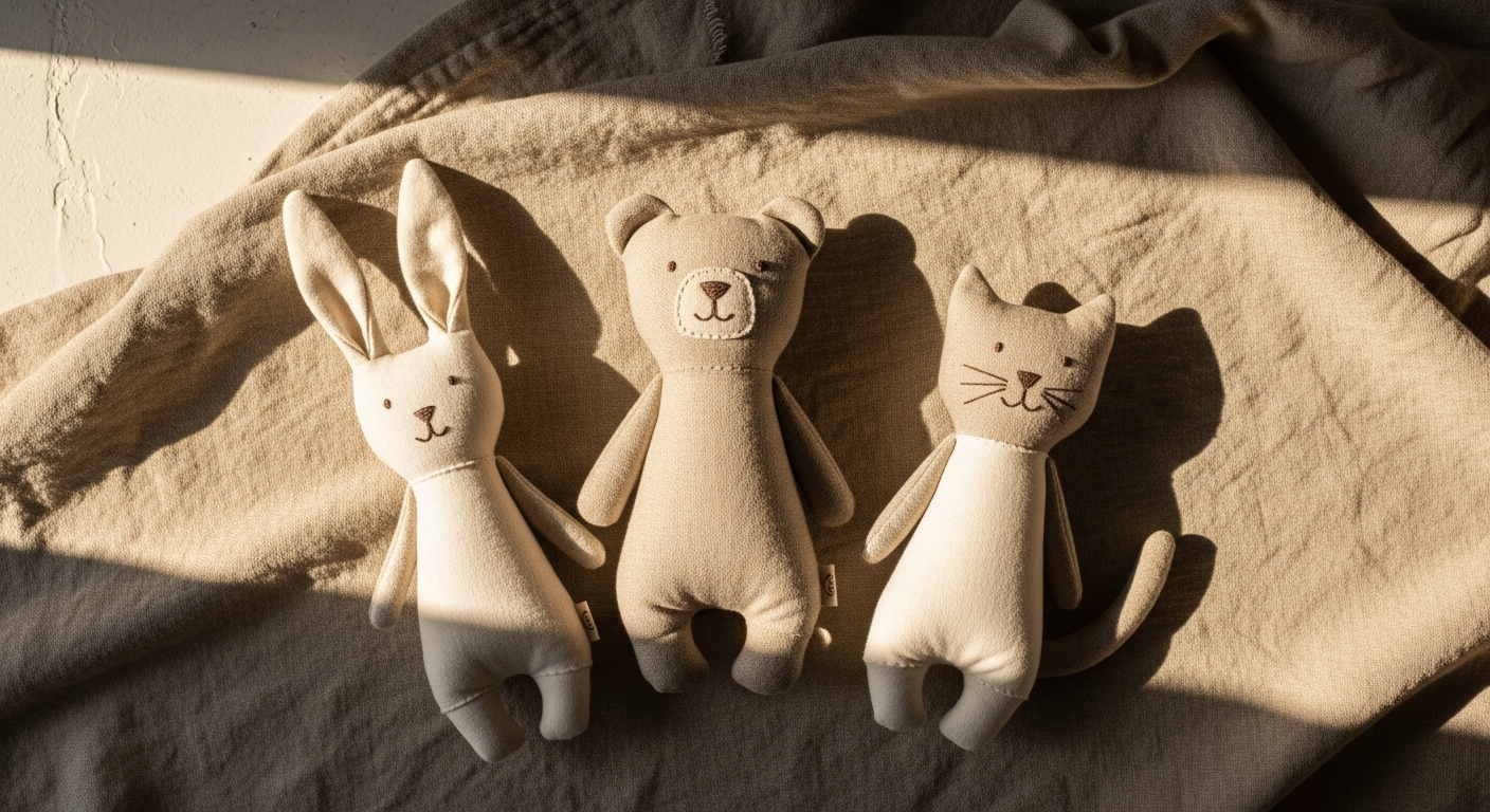 Handmade текстильные игрушки — мишка, кролик и кот из натуральных тканей