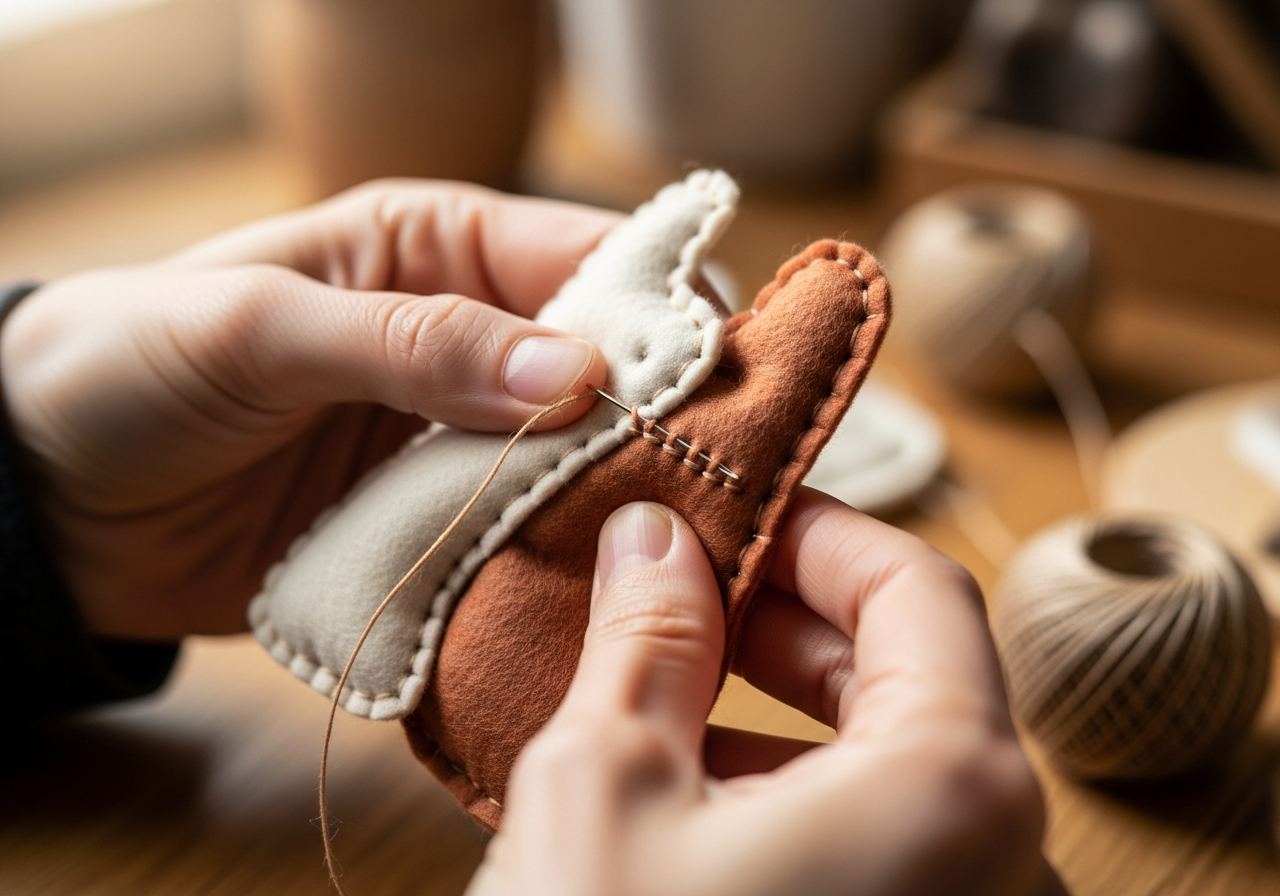 Процесс ручного пошива мягкой игрушки — близкий план рук с иглой и нитью