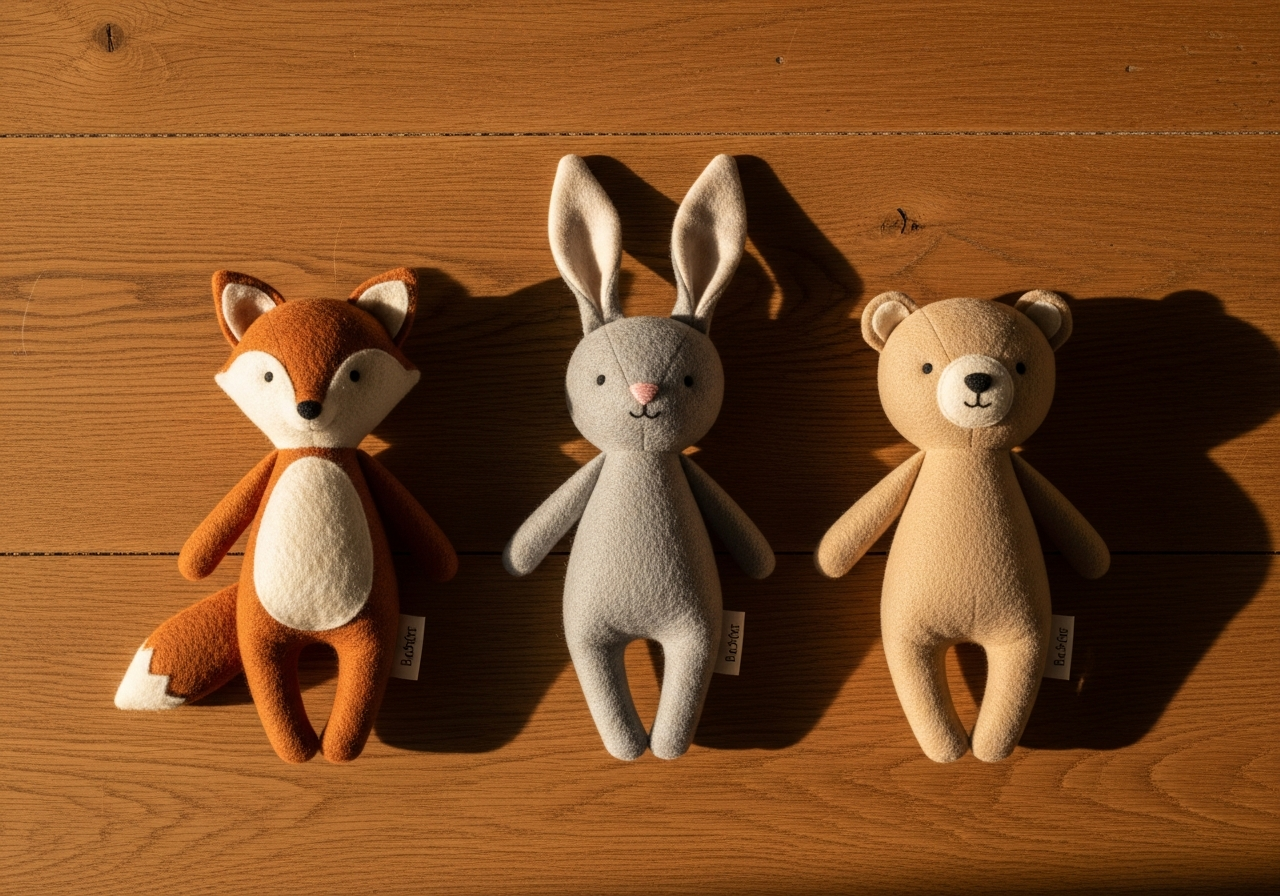 Коллекция handmade текстильных игрушек: лиса, кролик и мишка из натуральной шерсти